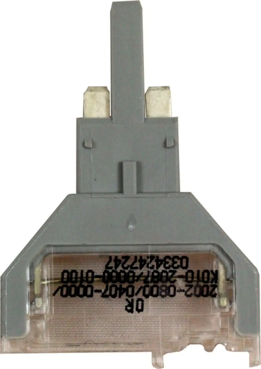 Grauer Parameterstecker mit zwei Metallklemmen oben und beschrifteter Unterseite. Enthält Informationen zur Verwendung bei Wolf-Geräten.